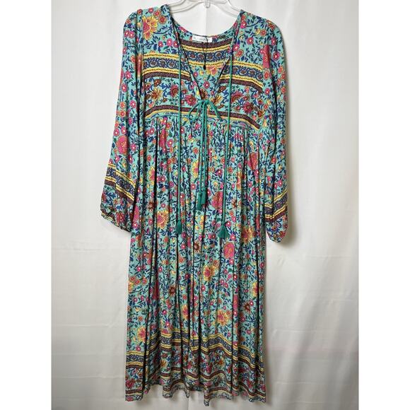 R.Vivimos Women Long Sleeve Floral Print V Neck Tassel Bohemian Midi Dress S 4/6 - Picture 1 of 5